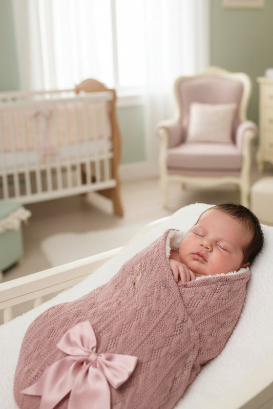 Baby Girls Dusky Pink New Cable Style Swaddle With Satin Bow
