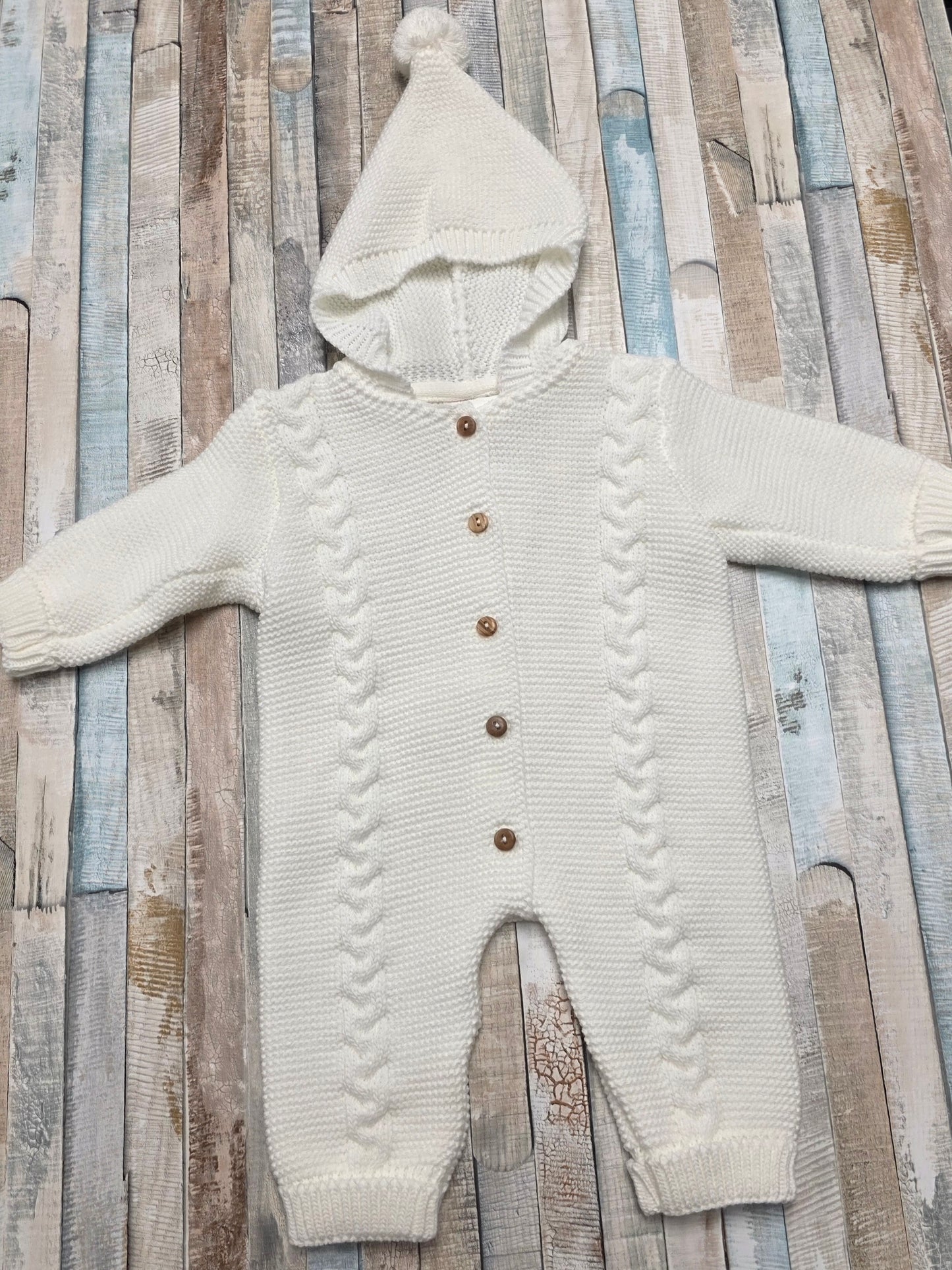 Unisex Baby White Knitted Footless Pramsuit With Bobble