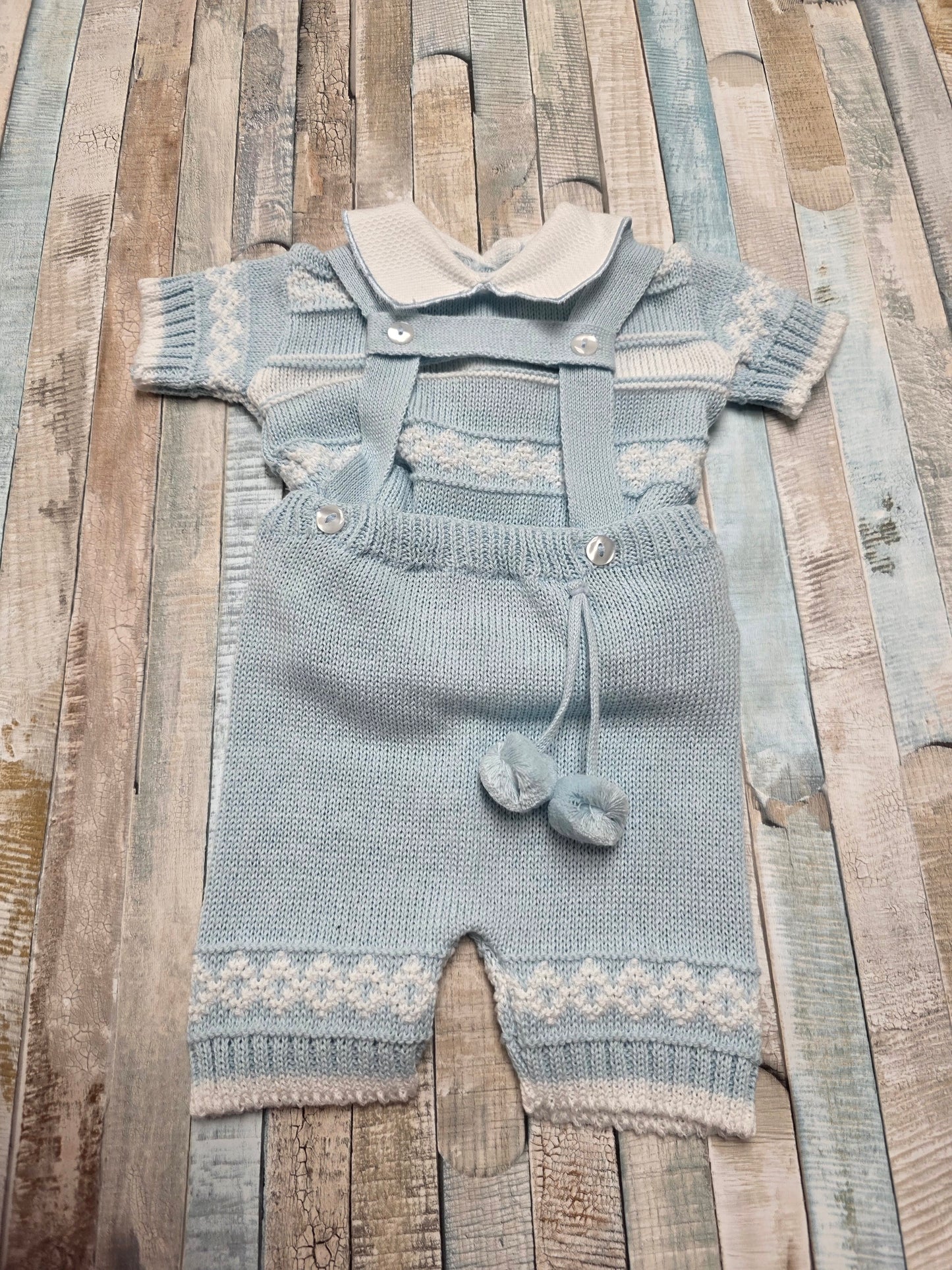 Baby Boys Blue And White Knitted Short Set With Pom Pom