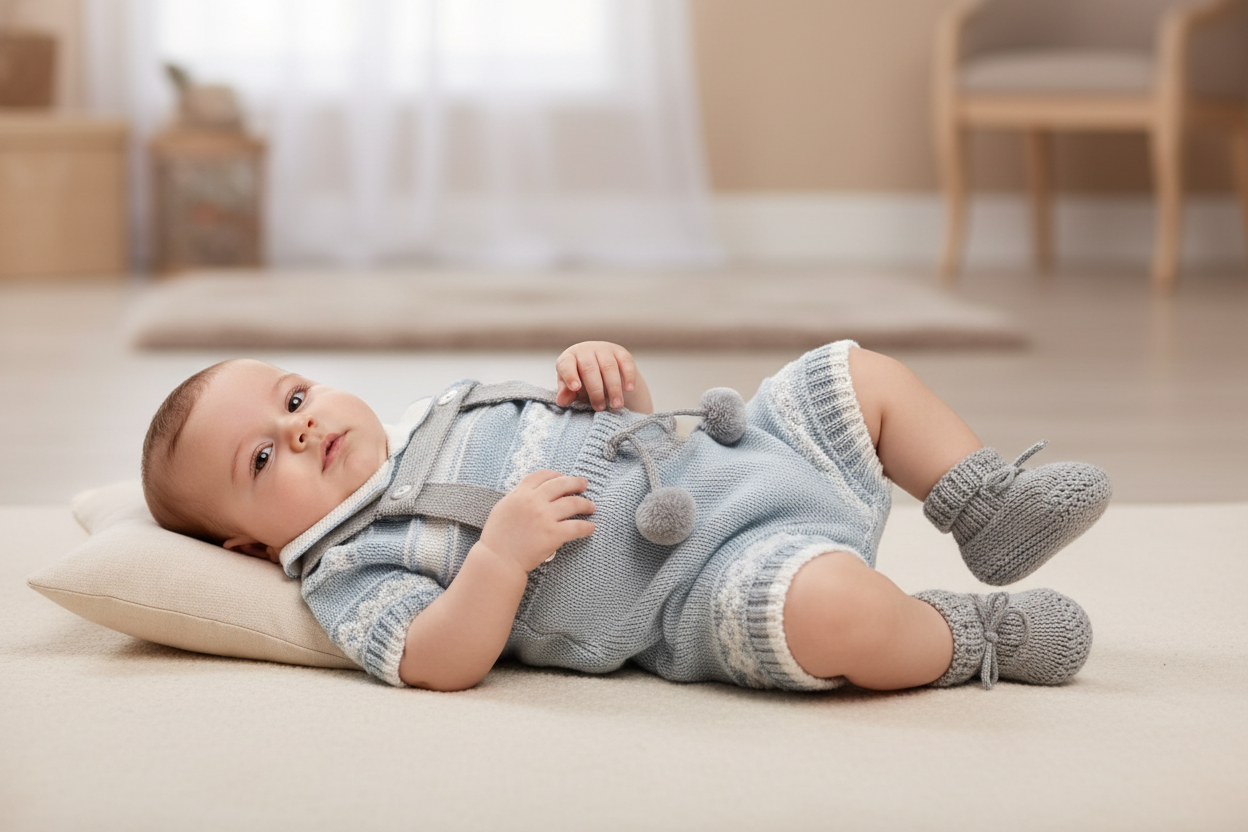 Baby Boys Blue And White Knitted Short Set With Pom Pom
