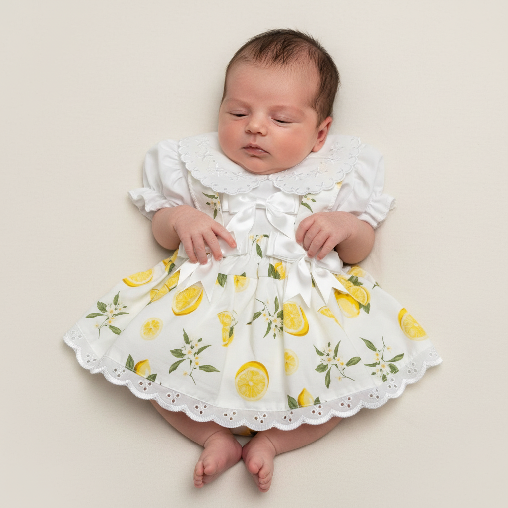 Baby Girls Short Sleeved White Cotton Blouse With Lemon Design Jam Pants Set
