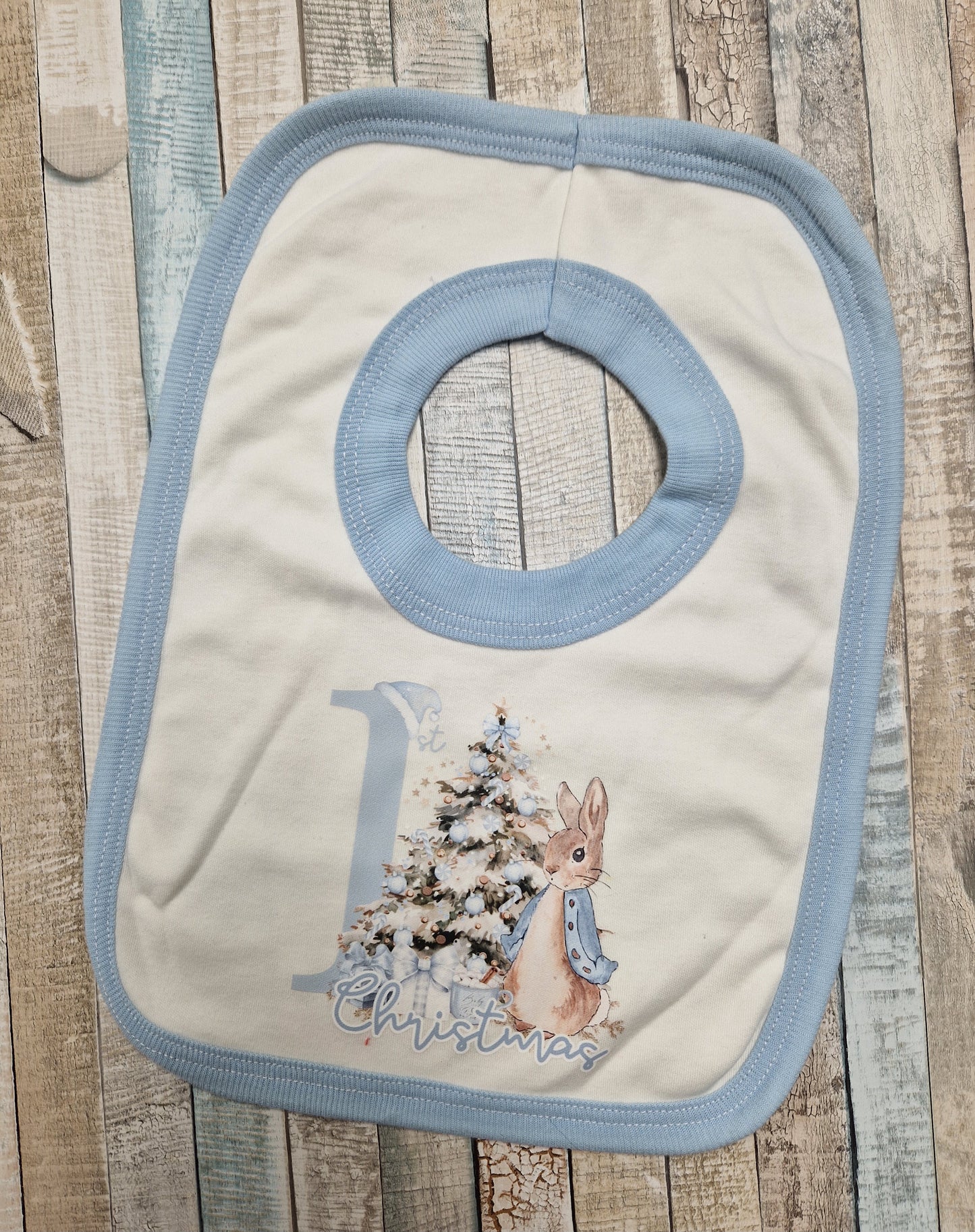 Baby Boys Blue Rabbit 1st Christmas Bib With Blue Trim