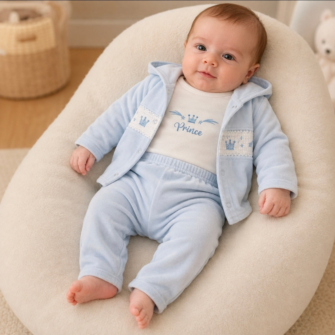 Baby Blue Prince Velour 3 Piece Set With Hooded Jacket