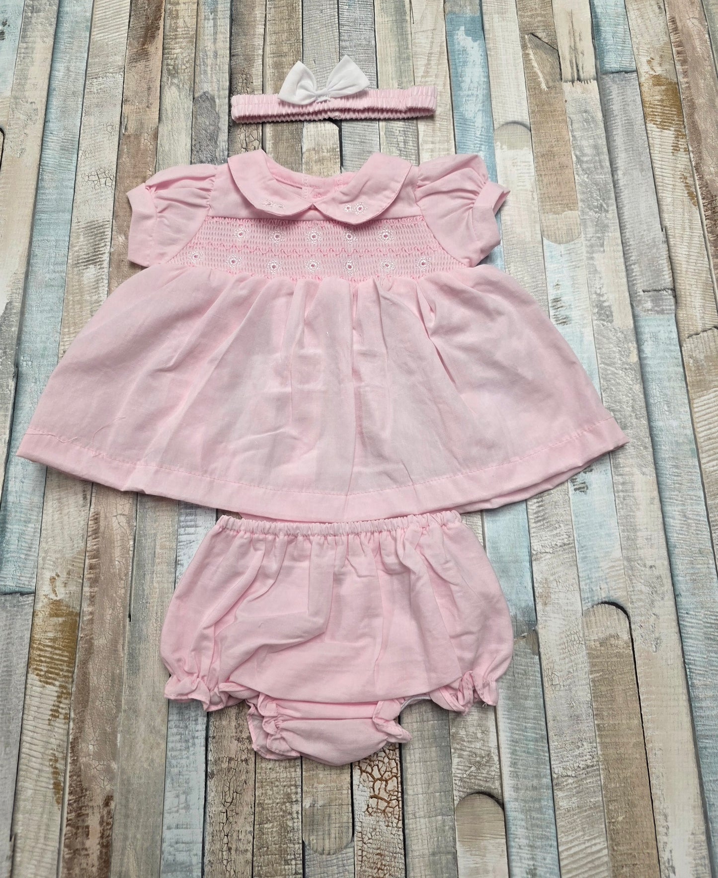 Baby Girls Pink Flower Smocked Dress Pants And Headband