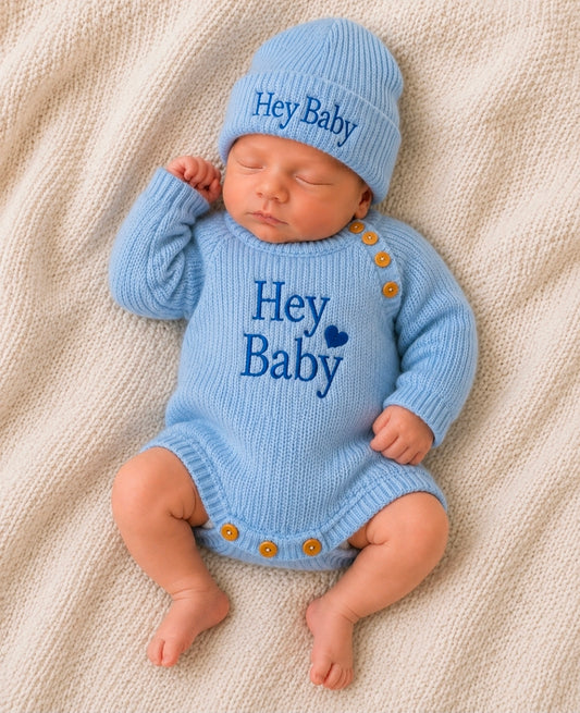 Nana B Hey Baby Boys Blue Knitted Romper And Hat