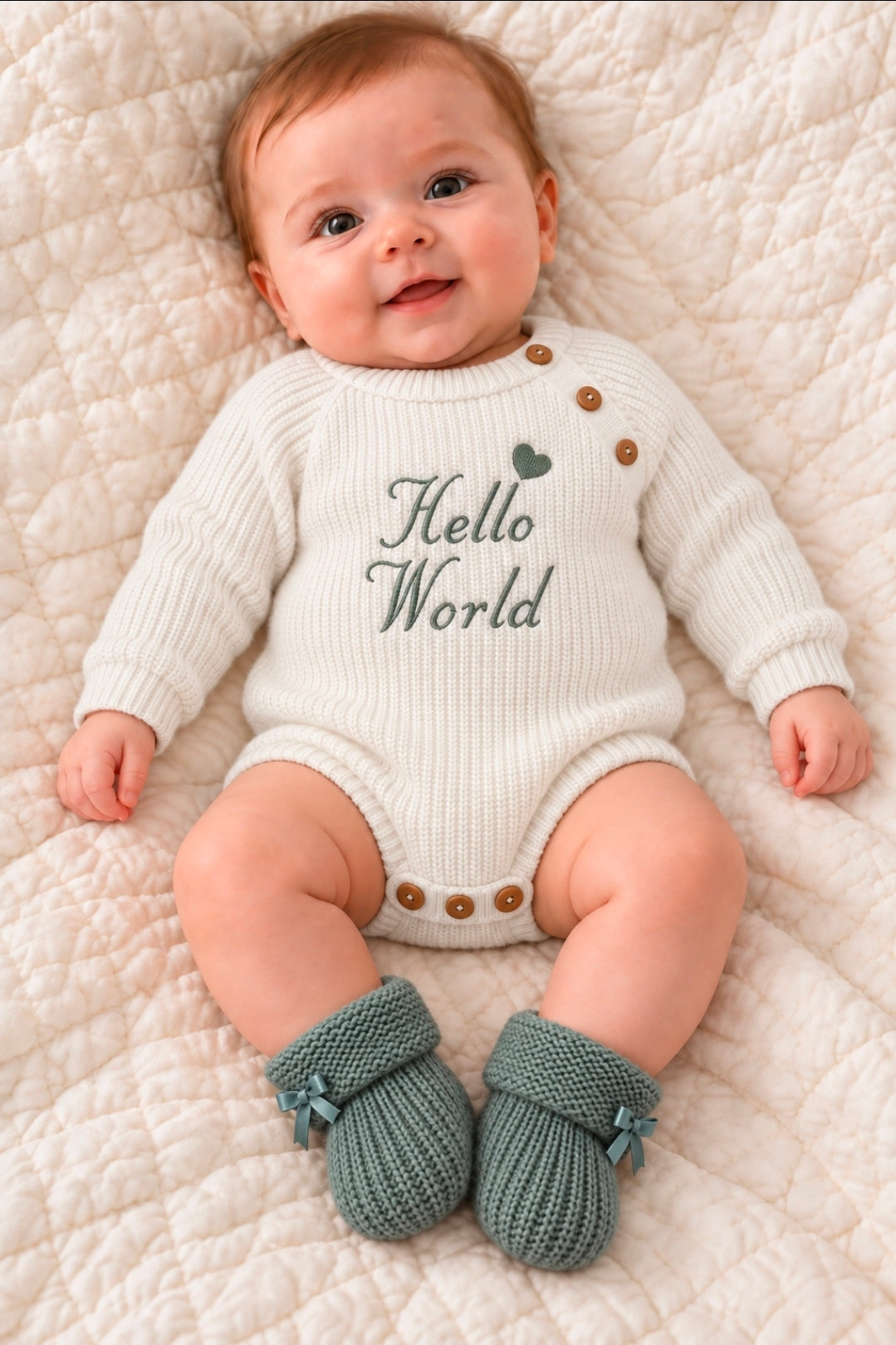 Unisex Baby White Knitted Romper With Sage Green Hello World