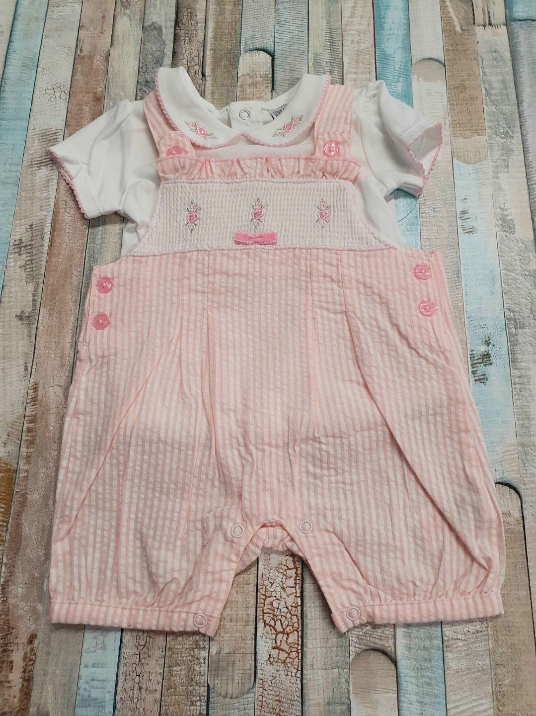 Baby Girls Pink & White Dungaree Set With Embroidered Flowers