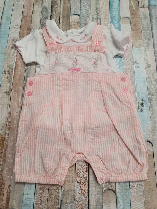 Baby Girls Pink & White Dungaree Set With Embroidered Flowers