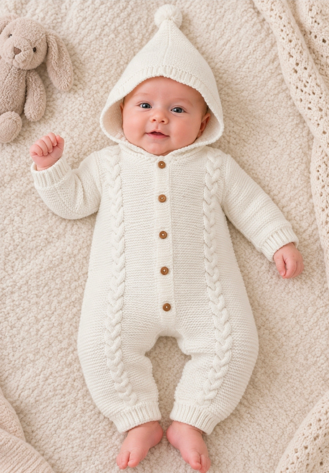 Unisex Baby White Knitted Footless Pramsuit With Bobble