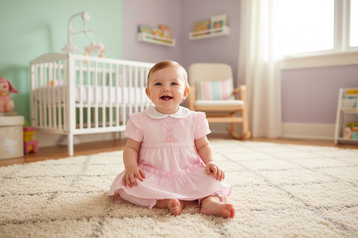 Baby Girls pink Windmill Dress And Pants Set