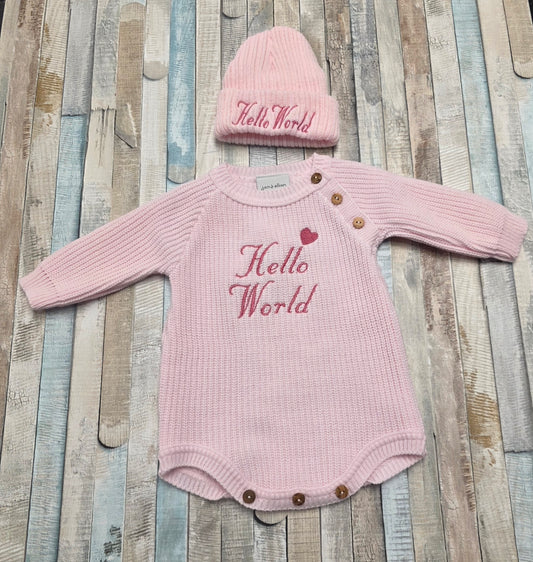 Nana B Baby Girls Pink Hello World Long Sleeved Romper With Beanie Hat