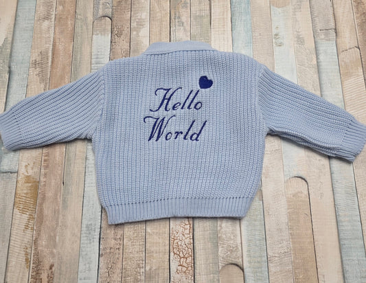 Nana B Blue Baby Boys Hello World Ribbed Cardigan