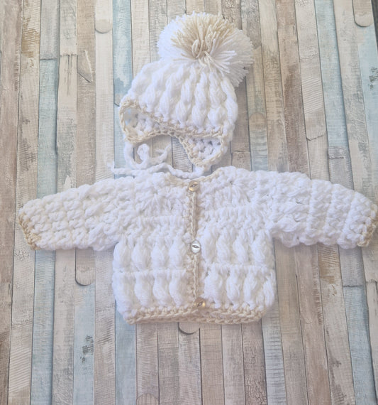 Baby Boys White And Beige Crochet Cardigan And Pom Pom Hat