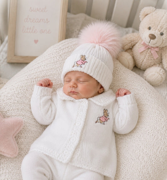 Baby White Knitted Pink Rabbit Pink Single Fluffy Faux Fur Pom Hat