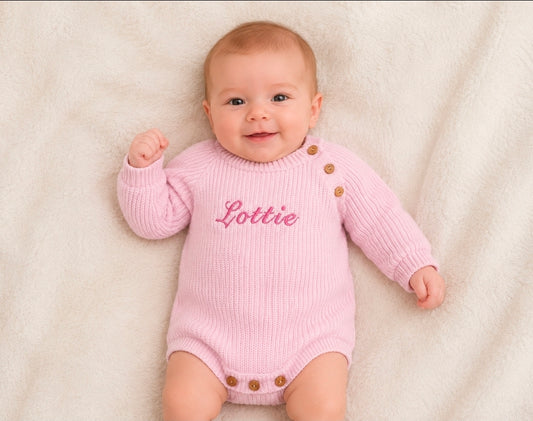 Personalised Baby Girls Pink Knitted Long Sleeved Romper