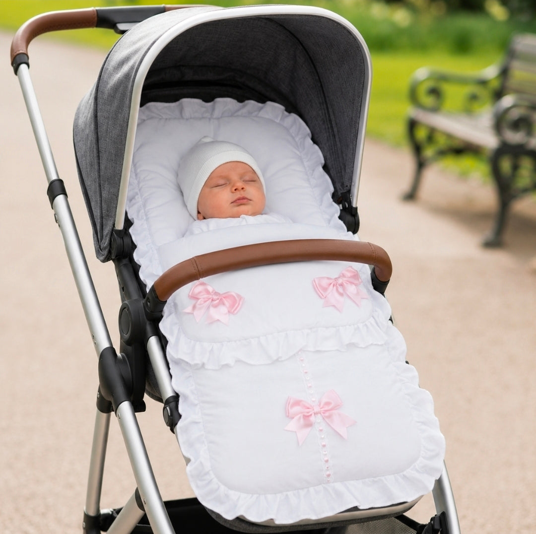 Baby Girls  White And Pink 3 Bow Universal Footmuff/ Cosy Toes