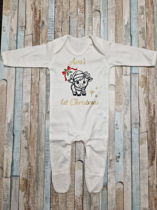 Baby Personalised 1st Christmas Babygro With Highland Cow Printed Design