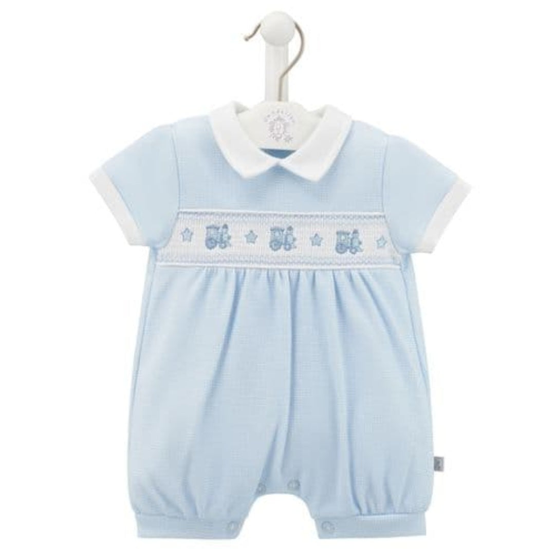 Baby Boys Gingham Checked Train Romper