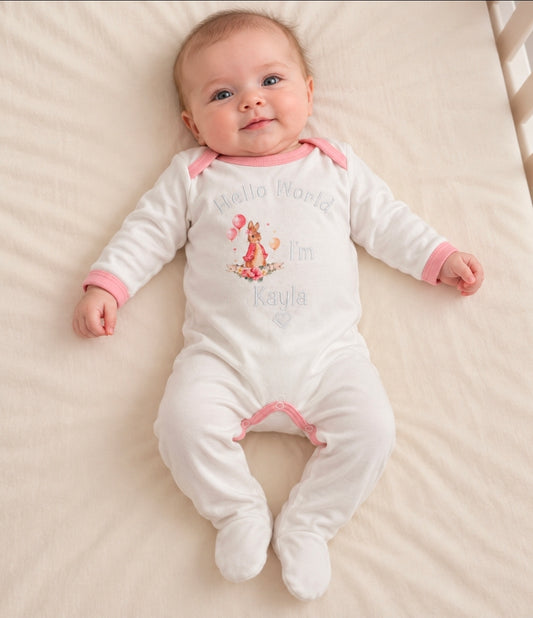 Nana's Special Buy Personalised White And Pink Hello World Printed Babygro