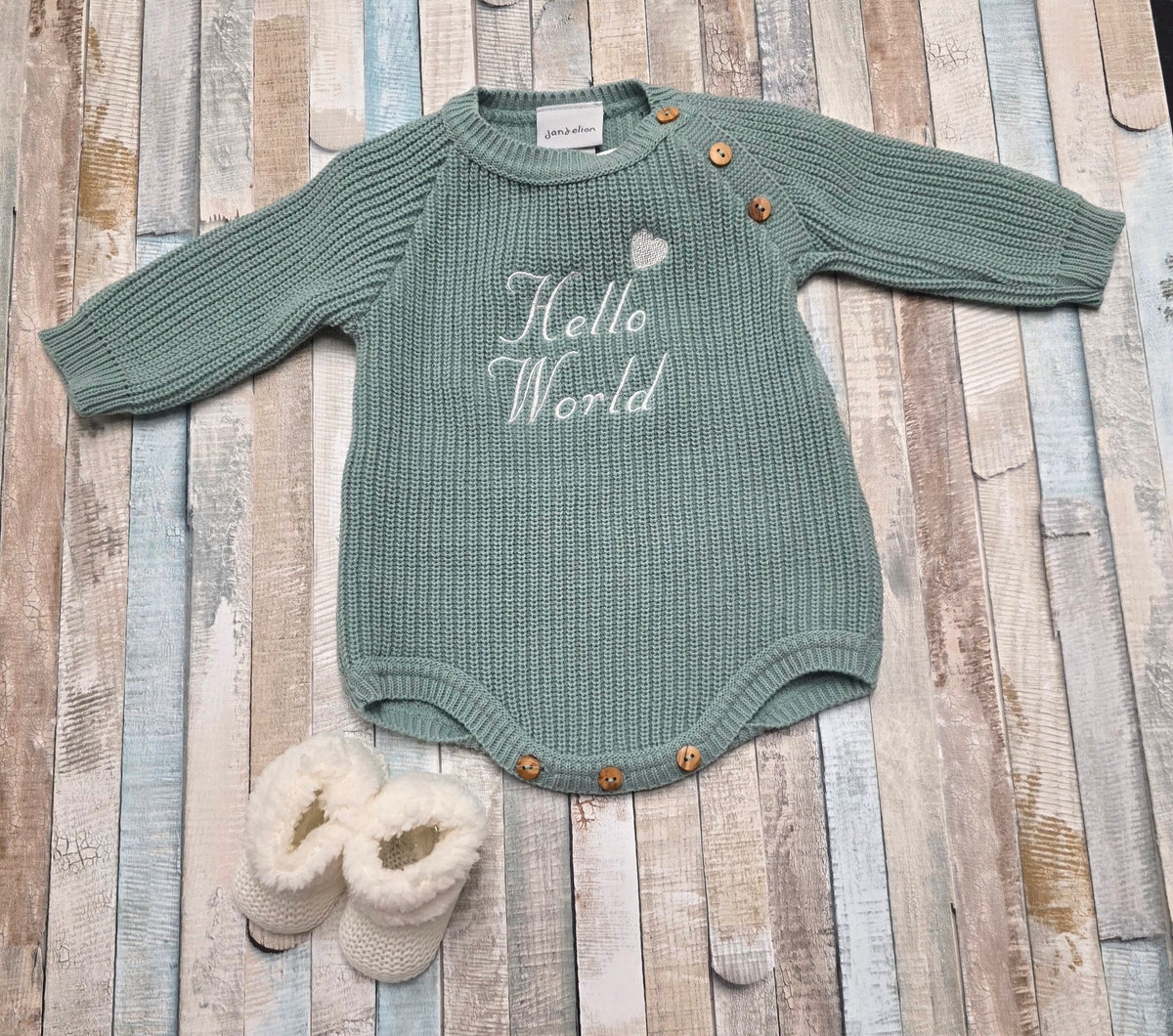 Unisex Baby Sage Knitted Romper With White Hello World