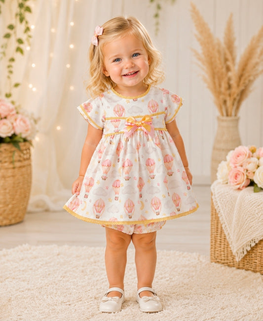 Baby Girls Cream and Pink Balloon Dress With Matching Pants