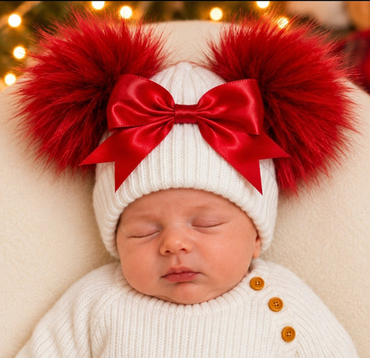 Baby Girls White And Red Bow And Fluffy Double Pom Hat