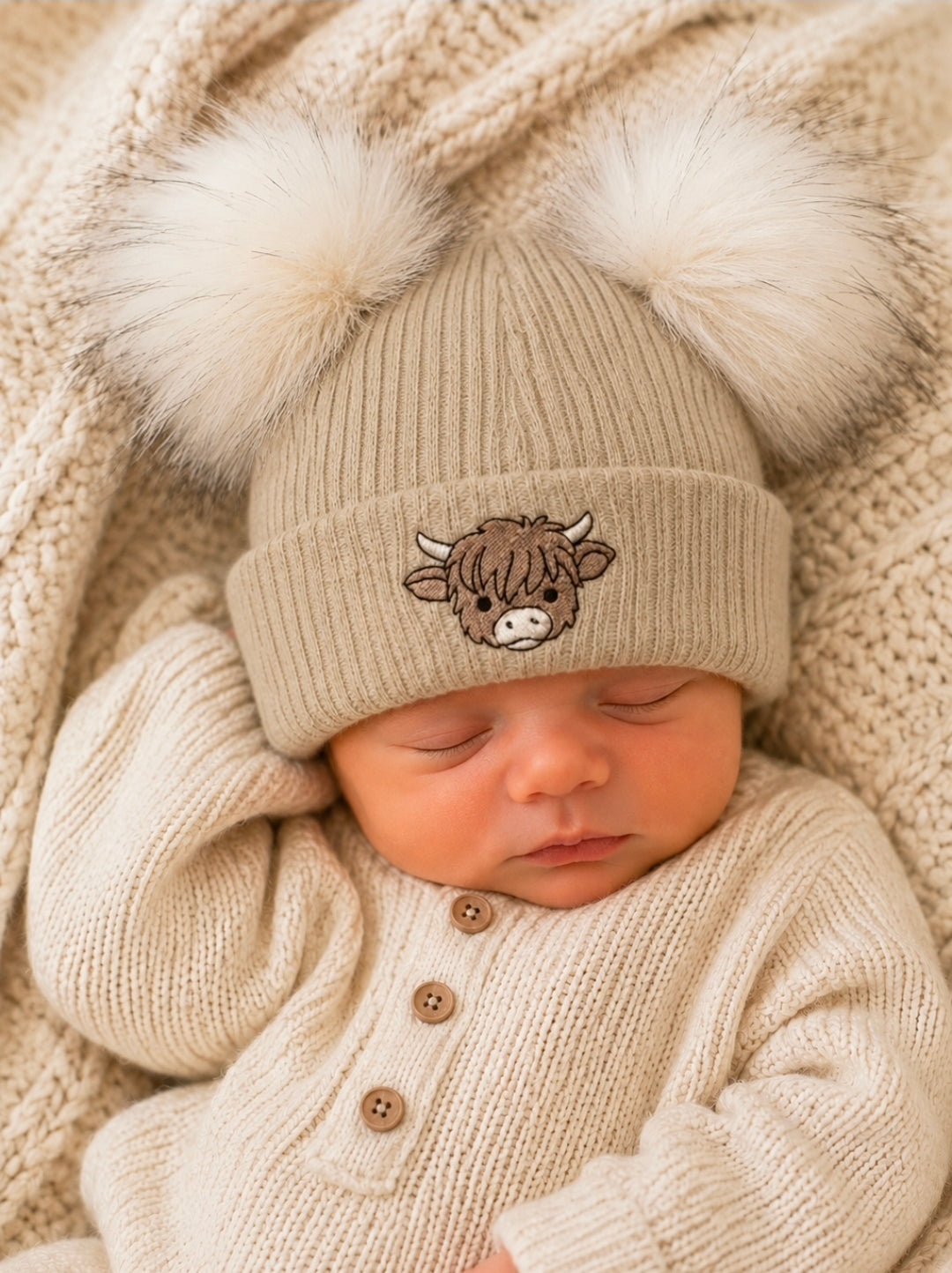 Unisex Baby Beige Highland Cow Hat