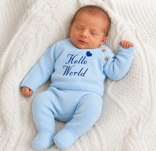 Baby Boys 2 Piece Blue Knitted Set With Embroidered Hello World Design