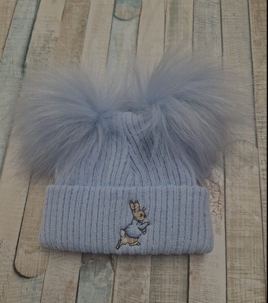 Baby Boys Blue Knitted Rabbit Double Blue Fluffy Pom Hat