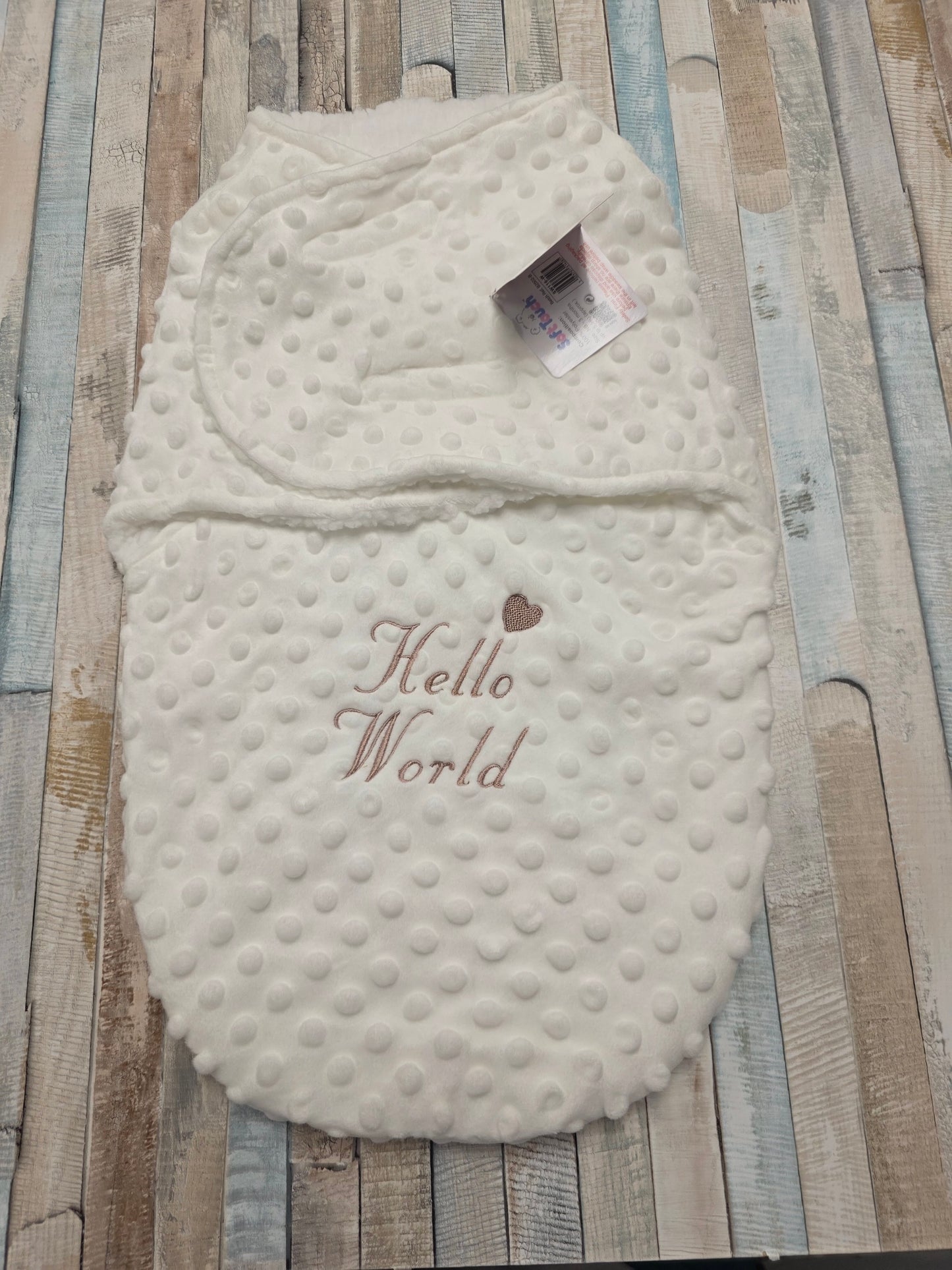 Hello World White Dimple Swaddle With Beige Embroidery