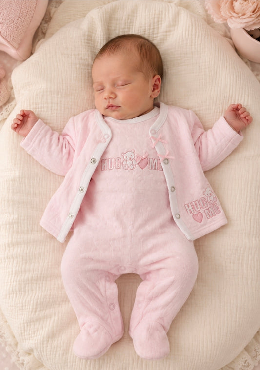 Baby Girls Pink Hug Me Babygro And Cardigan Set