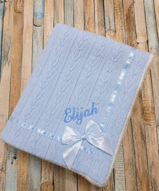Baby Boys Personalised Blue Cable Design Wrap With Bow