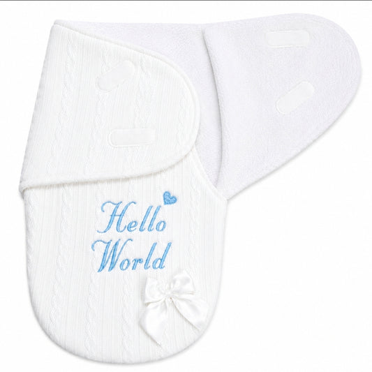 White Cable Design Swaddle With Hello World In Blue Embroidery