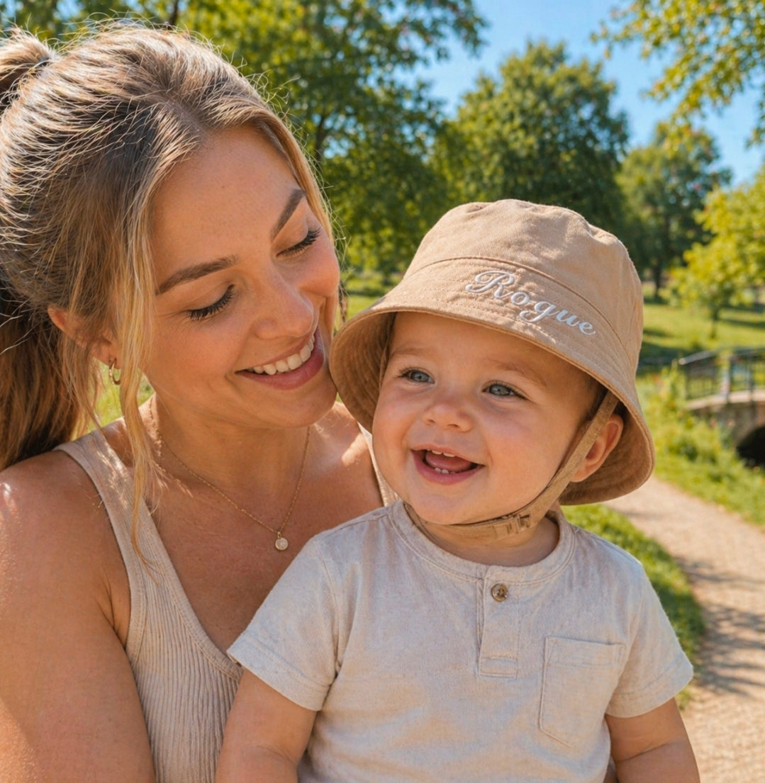 Personalised Boys Beige Bucket Hat With Chin Strap