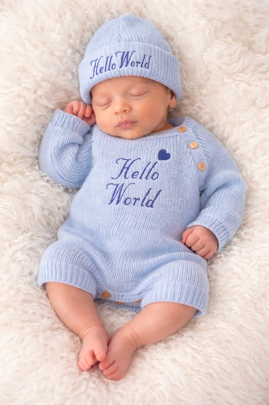 Nana B Baby Boys Blue Hello World Long Sleeved Romper And Beanie Hat