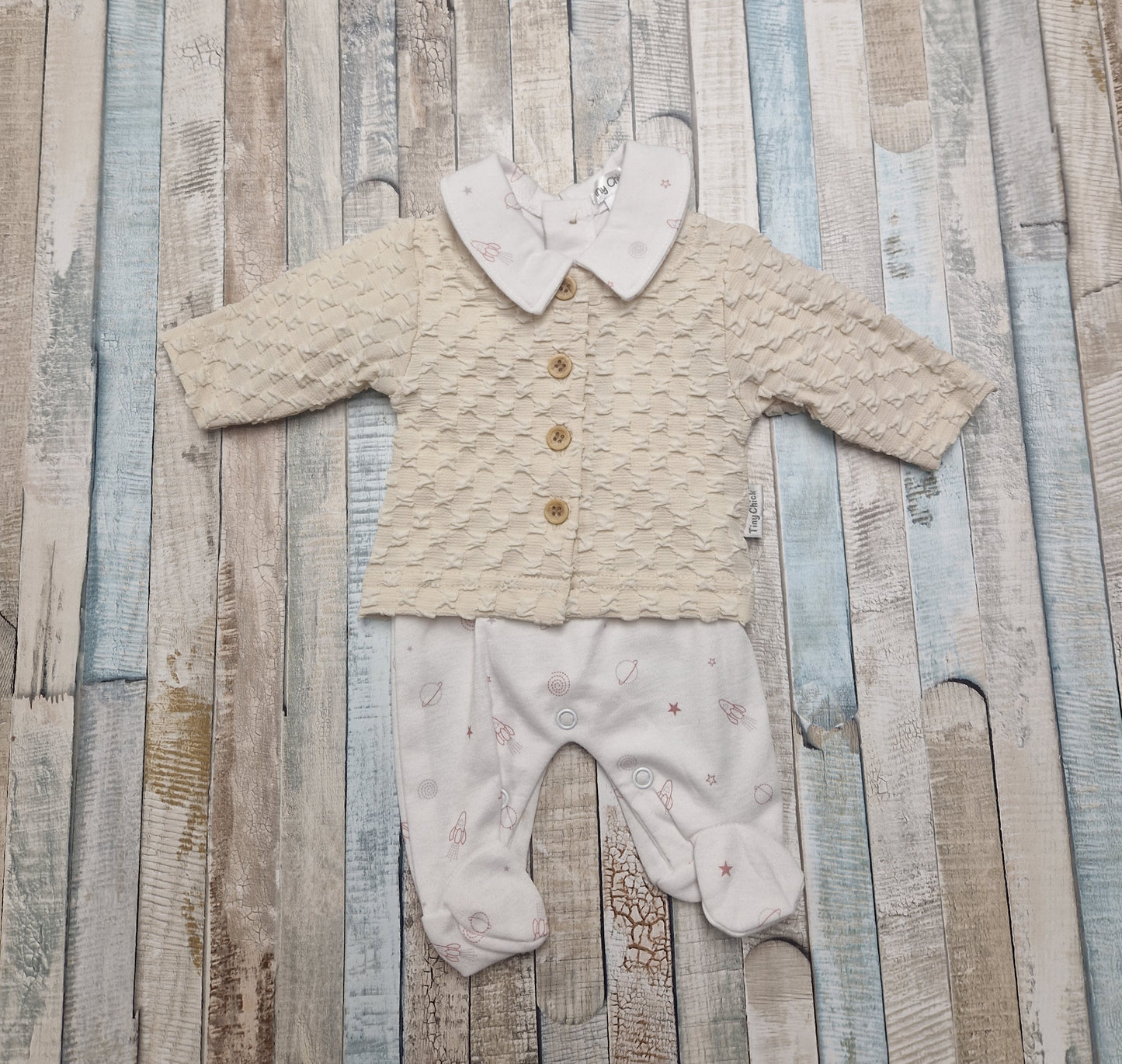 Baby Boys Beige And White Space Design Babygro And Cardigan Set