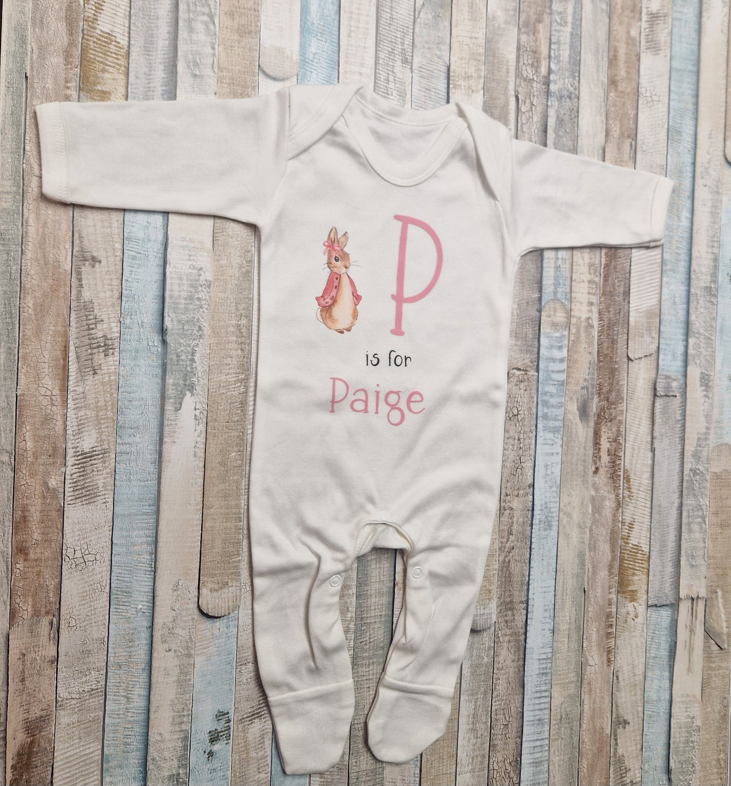 Personalised White Babygro With Printed Pink Rabbit Initial And Name
