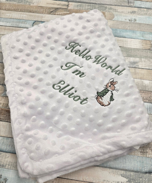 Personalised Hello World White Dimple Blanket/Wrap With Embroidered Sage Green Rabbit Design