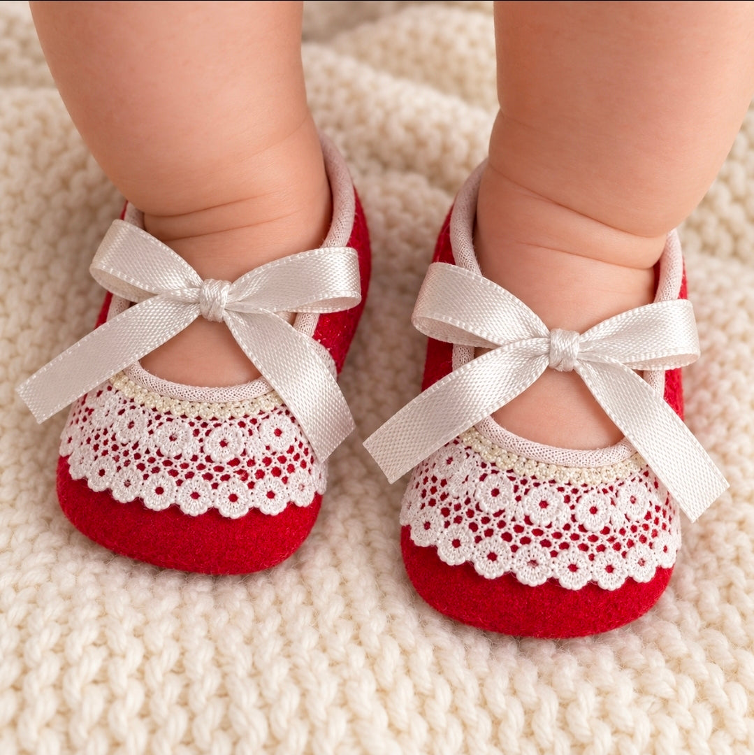 Newborn Baby Girls Velour Lace And Ribbon Bow Pram Shoes
