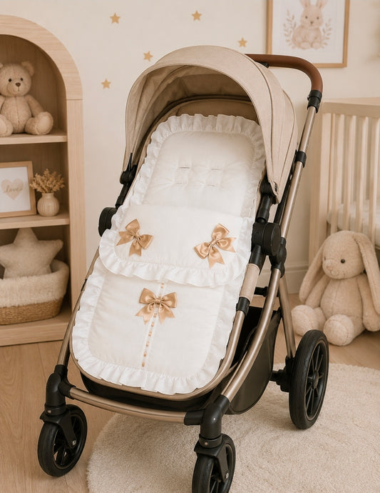 Unisex Baby Plain White And Gold Satin Bow Universal  Pushchair Cosytoes/Footmuff