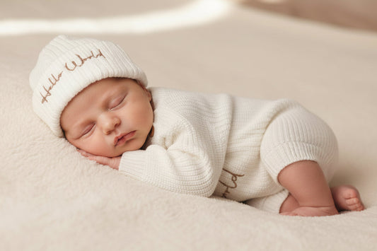 Unisex Baby White Knitted Hello World Romper And Beanie Hat