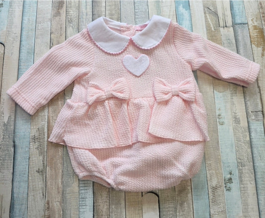 Baby Girls Pink Heart  And Bows Romper With White Collar
