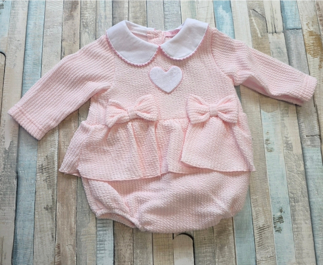 Baby Girls Pink Heart  And Bows Romper With White Collar