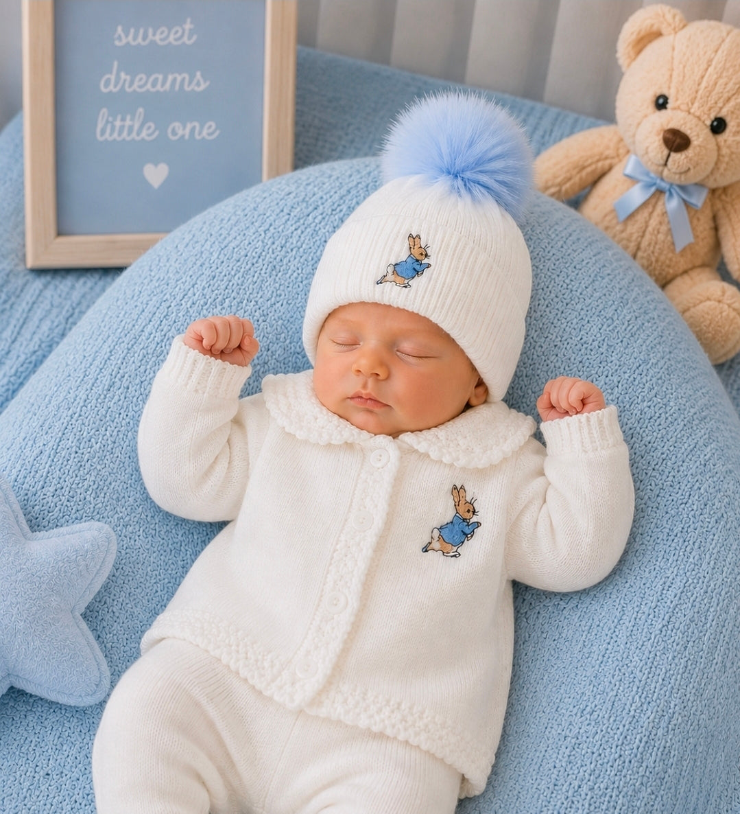 Baby White Knitted Rabbit Hat Blue Single Fluffy Faux fur Pom