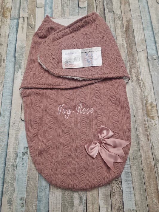 Personalised Baby Girls Dusky Pink New Cable Style Swaddle With Satin Bow