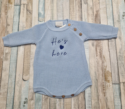 Baby Boys Blue He's Here Long Sleeved Knitted Romper