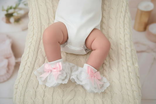Baby Girls White Frilly Lace Ankle Socks With Pink Ribbon
