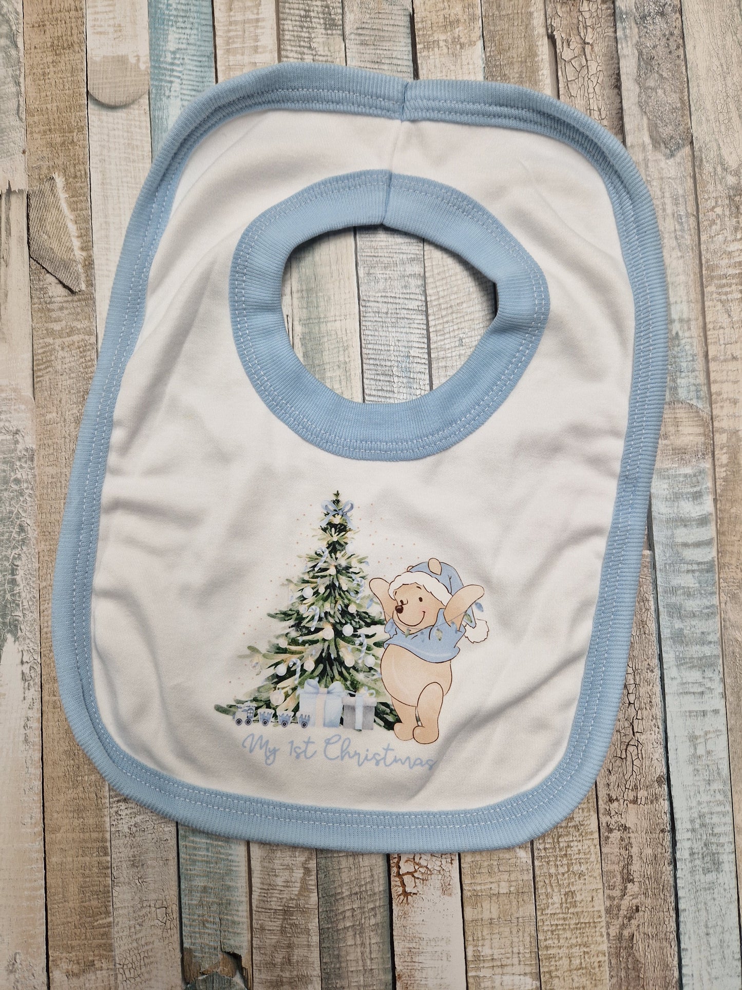 Baby Boys White Honey Bear Christmas Printed Bib With Blue Trim