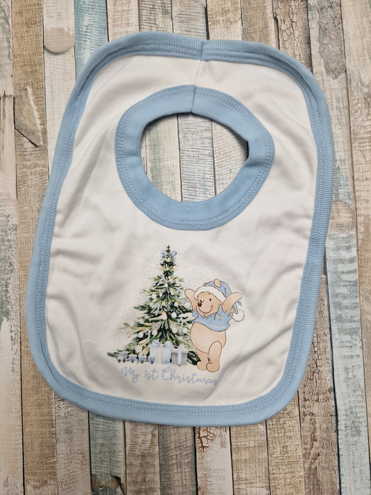 Baby Boys White Honey Bear Christmas Printed Bib With Blue Trim