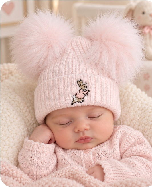 Baby Pink Knitted Pink Rabbit Hat With Double Pink Fluffy Faux Fur Pom